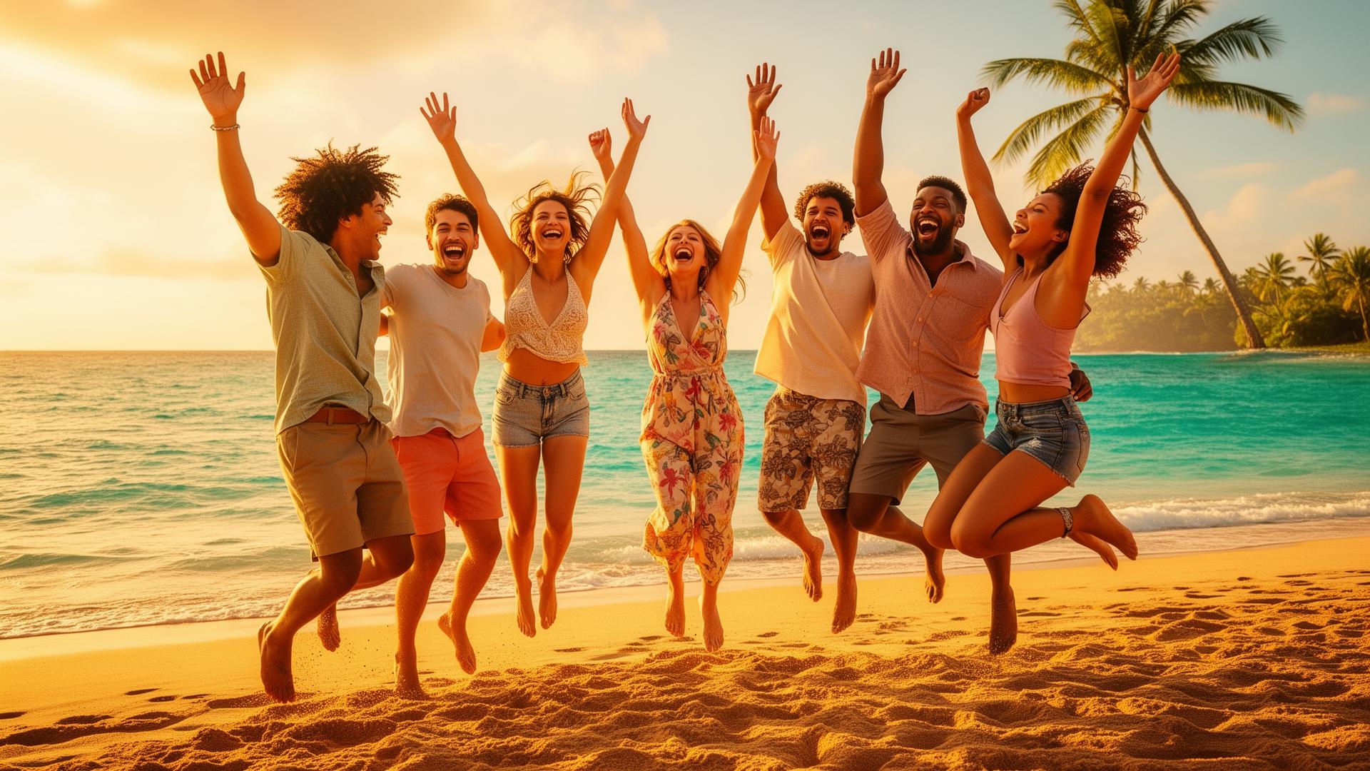 Group of friends laughing together at a sunset beach bonfire